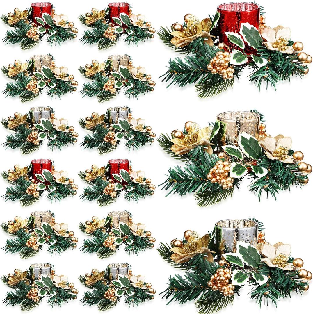 Ceenna Set of 24 Christmas Candle Ring Wreaths with Glass Votive Tealight Holders, Candle Rings and Gold Poinsettia Small Christmas Decor Table Centerpieces Party Ornament