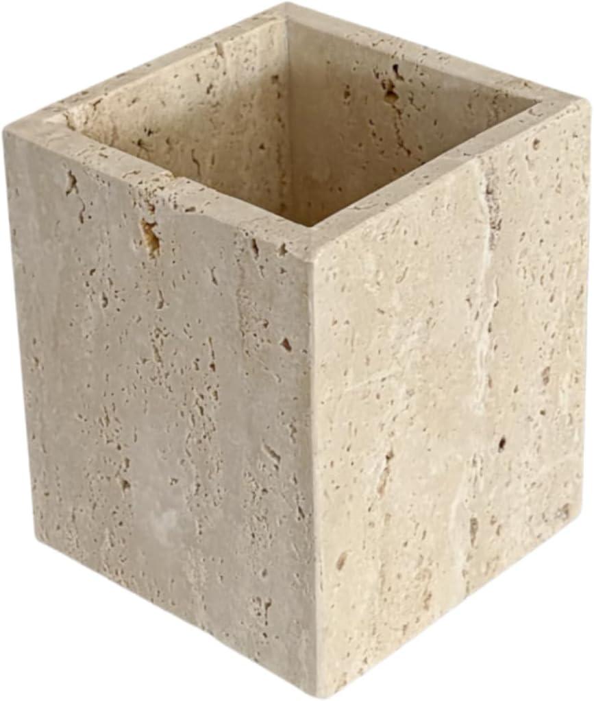 Natural Marble Stone Square Storage Container Empty Vessel Holder Cup for Candle/Pens/Sundries items (Beige Travertine)