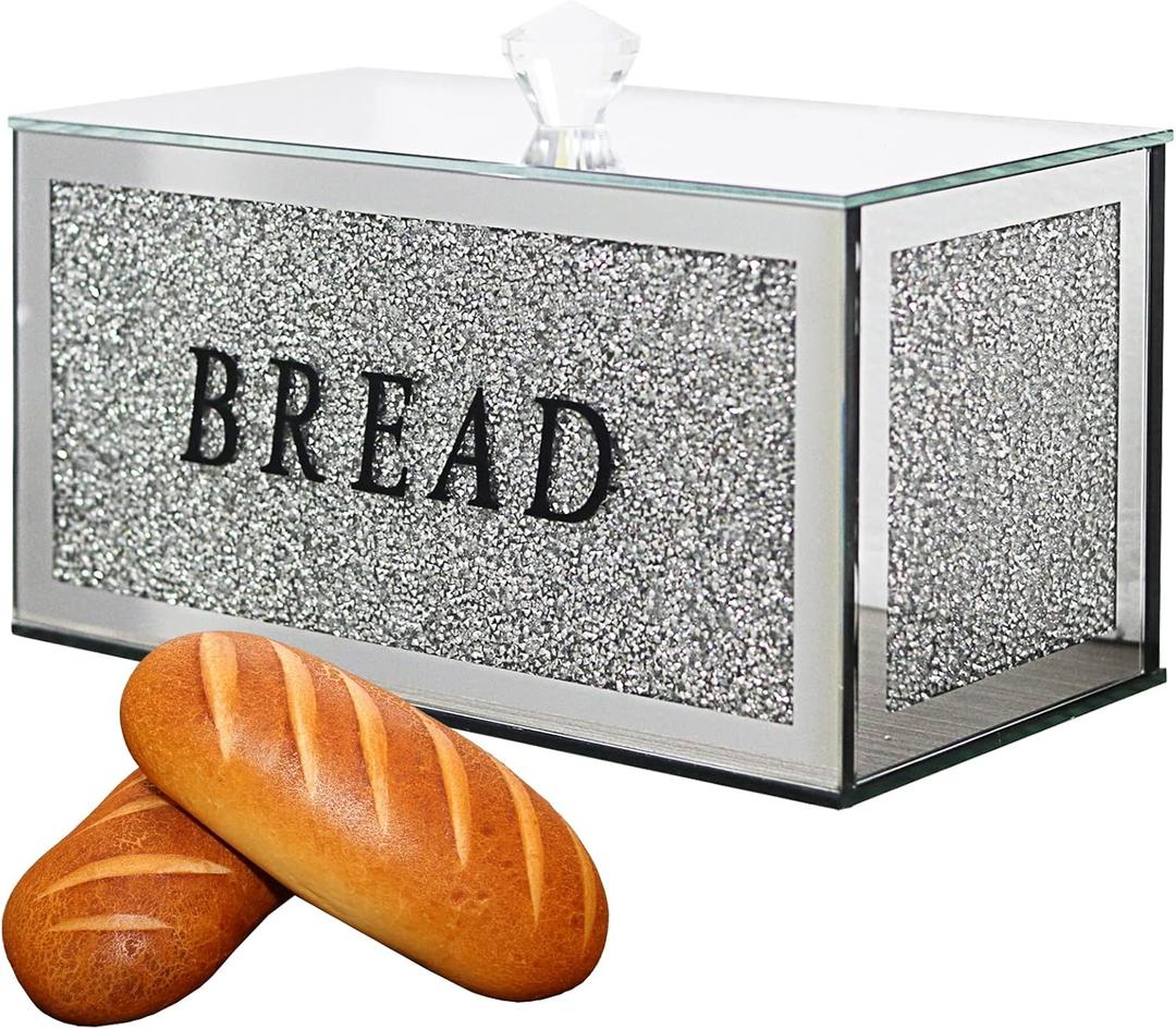 Large Crystal Glass Bread Container Box with Lid, 12.2" L x 6.3" W x 7.9" H Silver Homemade Bread Storage, Crushed Diamond Home Decor, Keep Bread Fresh Clean, Bread Bin for Kitchen Countertop