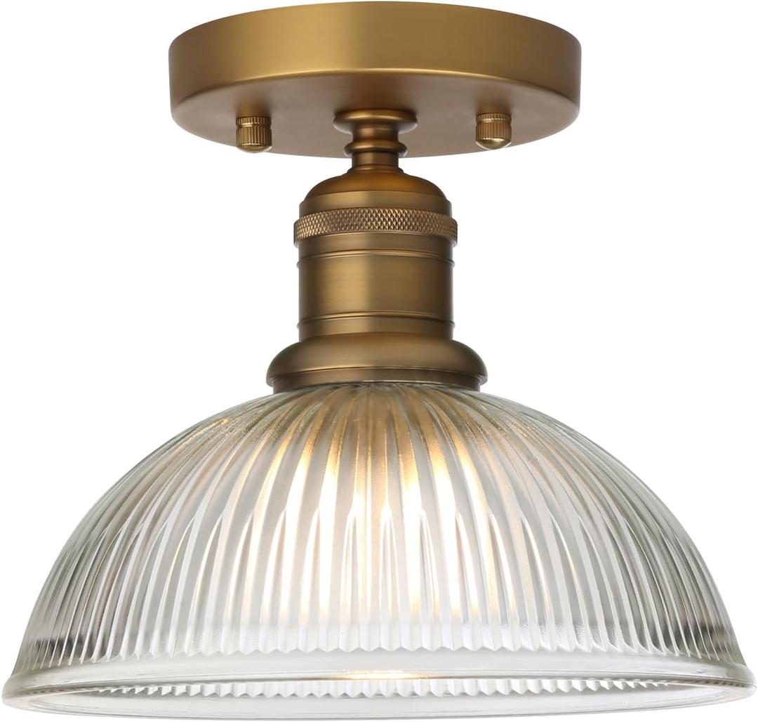 Yosoan 1-Light Vanity Indoor Hallway Ceiling Light, Flush Mount Single Modern Hardwired Vintage Industrial Retro Clear Striped Bowl Shade Farmhouse Lamp for Corridor Kitchen Bathroom Bedroom(Antique)