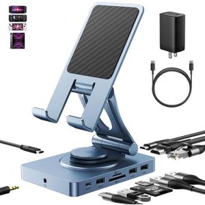 360° Rotating USB C Docking Station for iPad Pro, Tablet, Samsung, Steam Deck, ROG Ally, Legion Go, Msi Claw, etc, 11-in-1 with SD TF 4.0 Reader, 4K@60Hz HDMI, RJ45, Audio, USB A, USB C