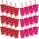 24 Pcs Valentine's Day Cups Bulk with Lids and Straws 16oz Reusable Plastic Cups Red Pink Bow Heart Valentines Tumbler Gifts for Galentines Party Supplies Wedding Anniversary