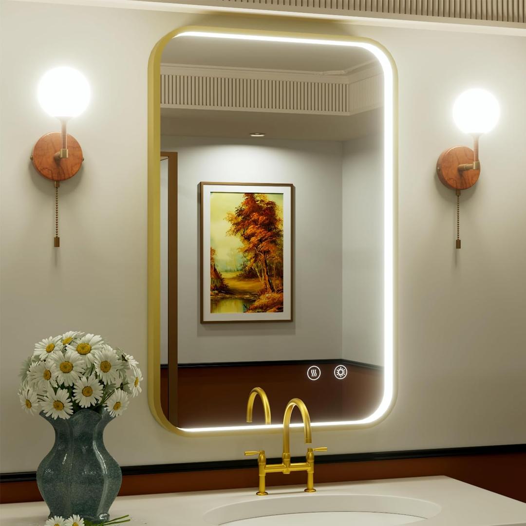 24x36 Inch LED Mirror for Bathroom, 3000K/4500K/6000K, Gold Frame Lighted Bathroom Vanity Mirror with Lights, Stepless Dimmable, Anti-Fog, Memory Function, Wall Mounted, Horizontal/Vertical