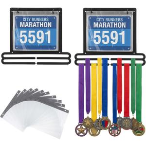 Black Iron Medal Hanger Display - Wall Mounted Running Medal Display with 10 Vinyl Bib Sleeves, Compact Marathon Medals Holder Rack (13.78" x 11.22") Holds 40+ Medals & 20 Race Bibs