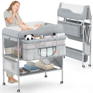 Portable Baby Changing Table, Foldable Changing Table Dresser Baby Changing Station, Height Adjustable Waterproof Diaper Changing Table Pad Topper, Newborn Nursery Organizer