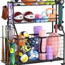 WUC Sports Equipment Organizer - Garage Ball Storage Rack with Basket, Hooks and Rolling Cart for Toy Sports Gear Storage, Black