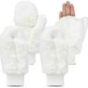 SATINIOR Faux Fur Mittens Fingerless Gloves Convertible Gloves Fluffy Winter Warm Soft Half Finger Fuzzy for Women (White)