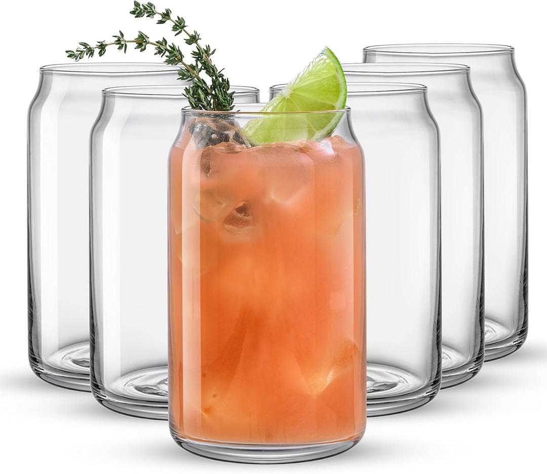 JoyJolt Drinking Glass Cups Set of 6-16oz Beer Can Glasses. Clear Soda Can Shaped Glass Cups, Cute Iced Coffee Cup Tumblers, Cold Drink Glassware, Unique Water, Tea, Cocktail Glass Set 5 pack