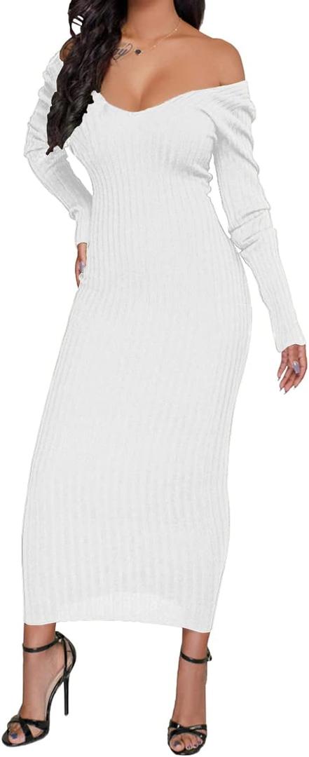 SheKiss Women's Off Shoulder Long Sleeves Bodycon Sweater Dress Sexy Knit Slim Cardigans (XX-Large, White)