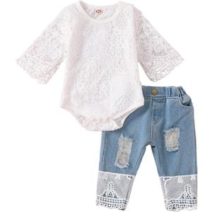 Baby Girl Clothes Outfits Toddler Infant Baby Romper Top+Jeans Clothing Set (6-12 Months, White)