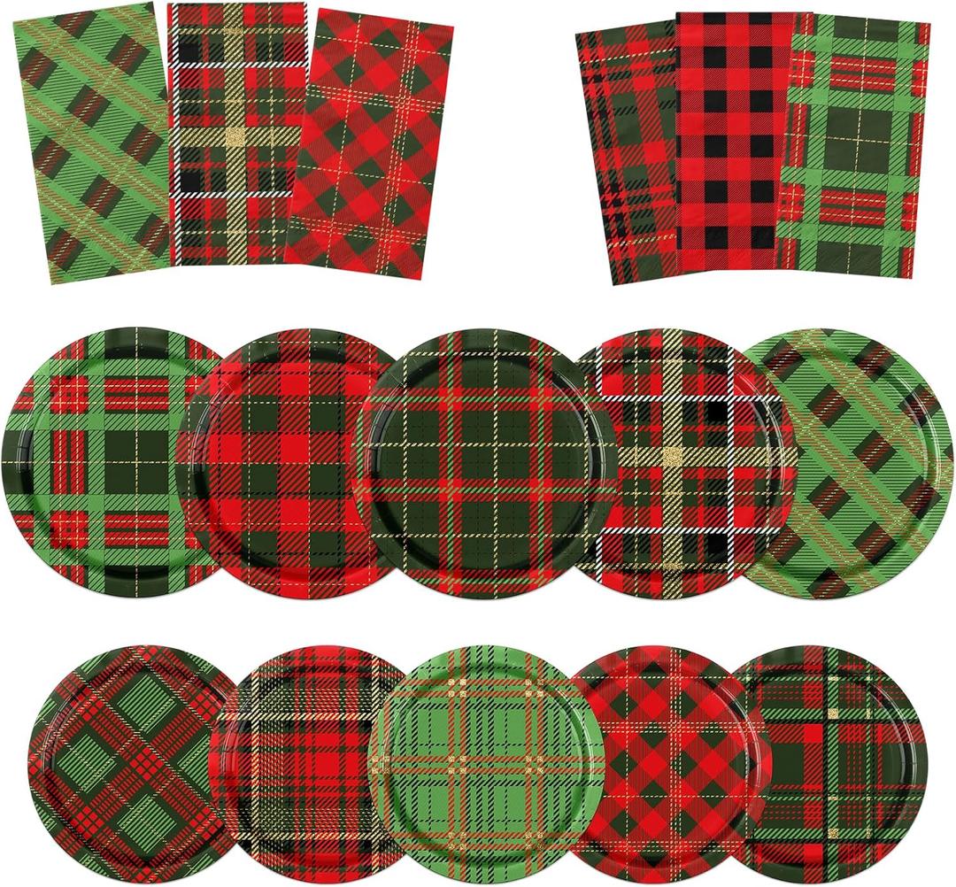 Plaid Christmas Plates and Napkins,Plaid Dinnerware Buffalo plaid Christmas Red and Green Plates and Napkins for Winter christmas Holiday Decorations