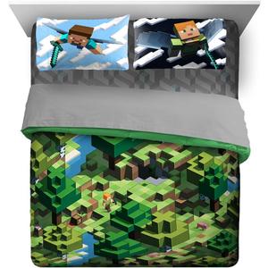 Jay Franco Minecraft Daytime 7 Piece Queen Bed Set - Includes Comforter & Sheet Set - Bedding Features Alex and Steve - Super Soft Fade Resistant Microfiber - (Official Minecraft Product)