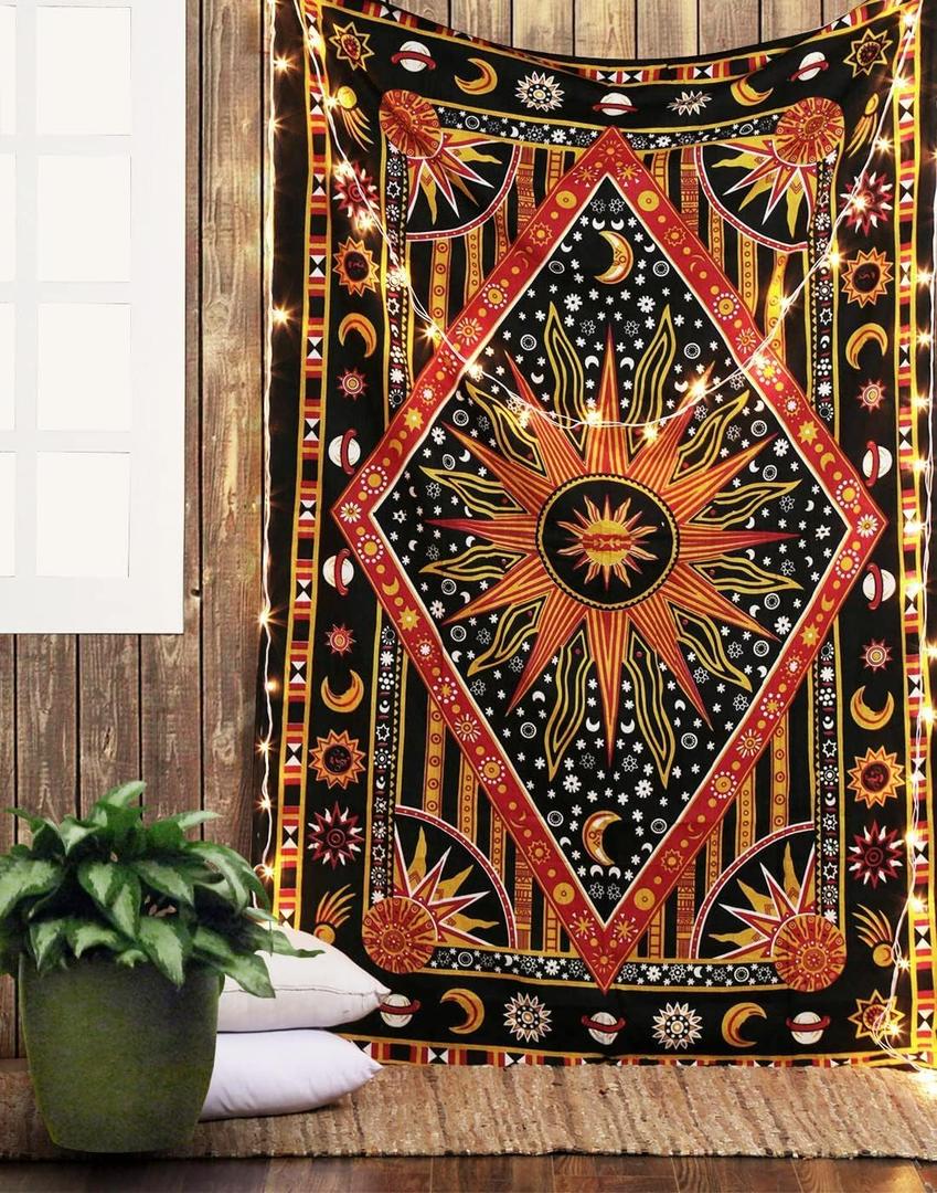 RAJRANG Large Orange Tapestry Wall Hanging 84x90 Inch Celestial Sun Moon Star Planet Spiritual Aesthetic Tapestry for Bedroom Dorm Decor (90L" x 84W")