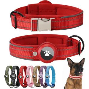 Reflective Airtag Dog Collar with Airtag Holder Quick Release Metal Buckle Padded Nylon Waterproof Adjustable Comfortable for Girl Large Dogs (LWidth 1.18" Length 16.1-18.9", Red)