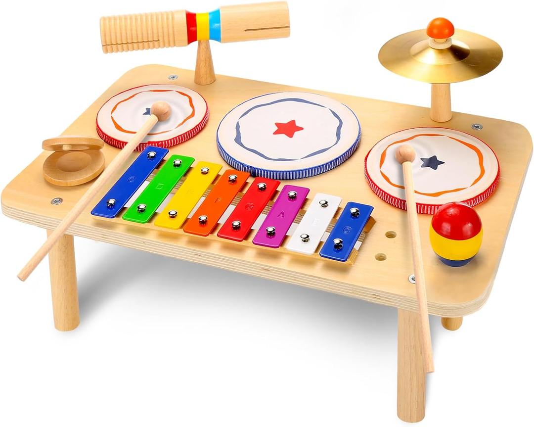 WINGYZ Baby Drum Set  9-in-1 Wooden Musical Instruments for Toddlers 1-3, Montessori Music Toys with Xylophone, Drum, Cymbal & Tone Block, Early Learning Gift for Boys and Girls