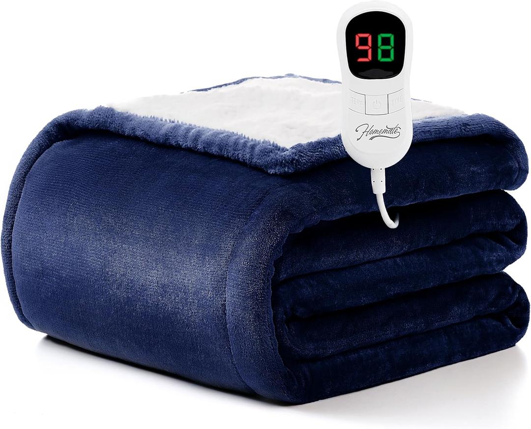 Homemate Electric Heated Blanket Twin - 62"x84" Heating Blanket Twin Size Dual Control 1/2/4/6/8 Hours Auto-Off 10 Heat Level Heat Blanket Over-Heat Protection Flannel Sherpa ETL Certification (Navy Blue)