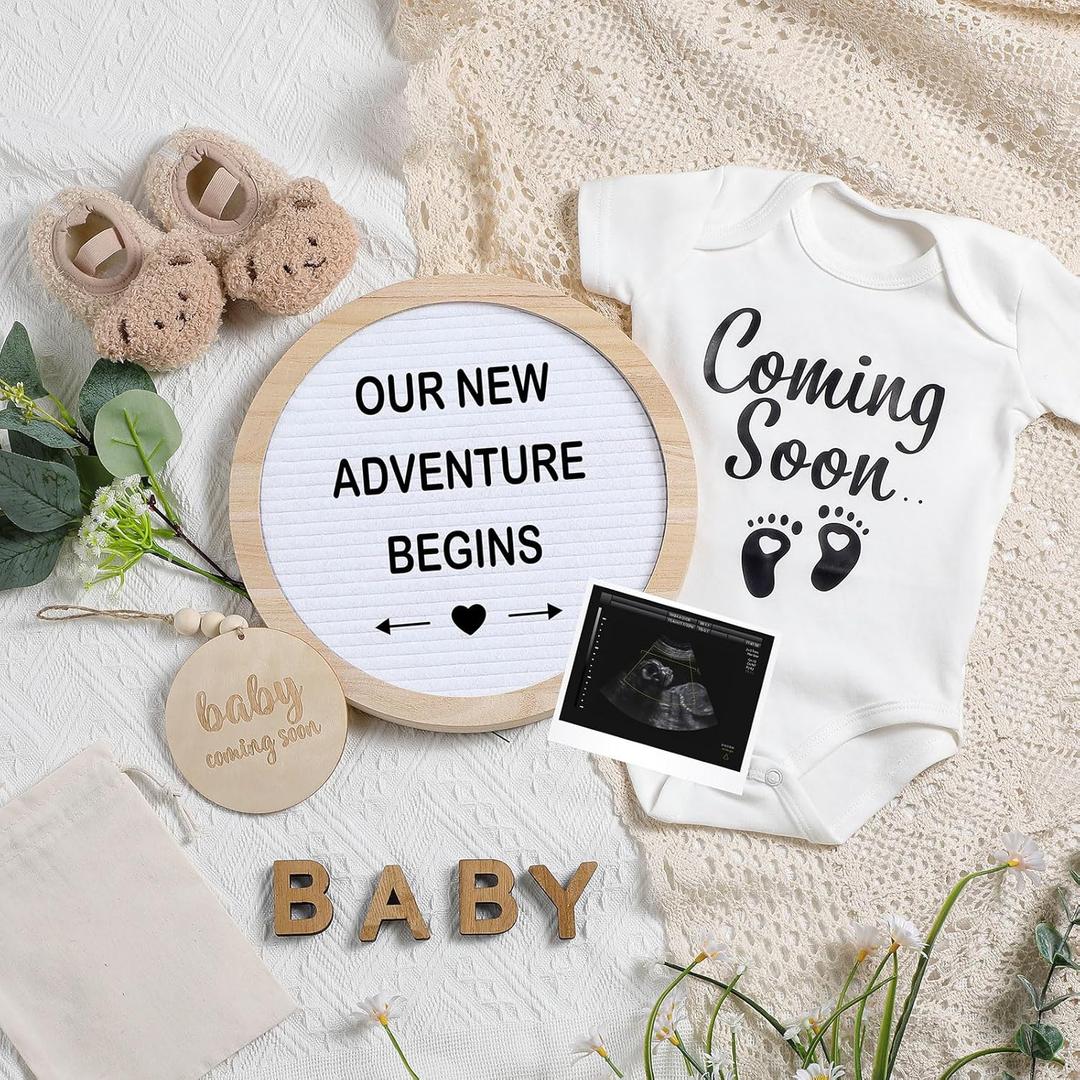 Canlierr 8 Pcs Pregnancy Announcement Set Pregnancy Reveal Ideas Include Felt Letter Round Board Kit Baby Bodysuit Booties Wood Blocks Wooden Signs for Coming Soon Baby Announcement(White)