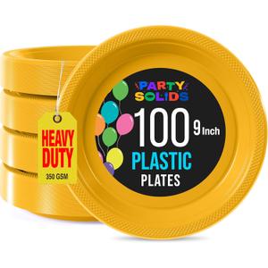Exquisite Party Solids Yellow Plastic Plates - 9 Inch, 100 Pack, 350 GSM