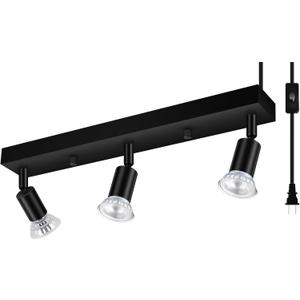 3 Head Plug in Track Light Fixture Black, Easy Install Corded Track Lighting Kit with Switch, Adjustable Directional Spotlight for Kitchen Island Closet Art Display, Modern Ceiling Lamp,15ft Cord