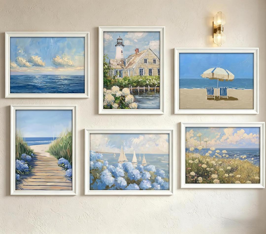 DULASI 6 Panel Coastal Hydrangea Wall Art Blue Floral Beach Scene Canvas Prints Wall Decor Nautical Lighthouse Ocean Painting Pictures for Living Room Bedroom Home Decoration 12x16 Inch Unframed, 12x16in poster
