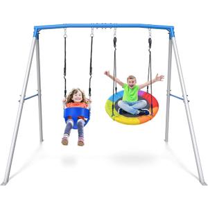 Trekassy Swing Sets for Backyard, 440lbs Heavy Duty A-Frame Metal Swing Stand with 1 Saucer Swing and 1 Toddler Swing Outdoor Kids Play Equipment for Playground Playset (Patented)