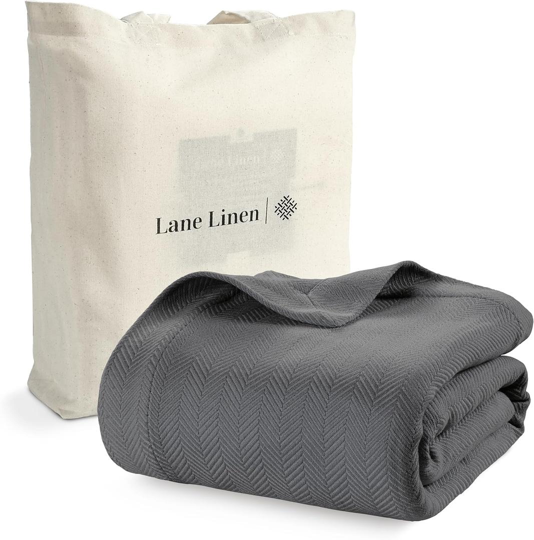 LANE LINEN Cotton Blanket Queen Size 90"x90"  Soft, Cooling Blanket for Hot Sleepers, Lightweight Summer & Warm Winter Use  Oversized Herringbone Weave  Grey