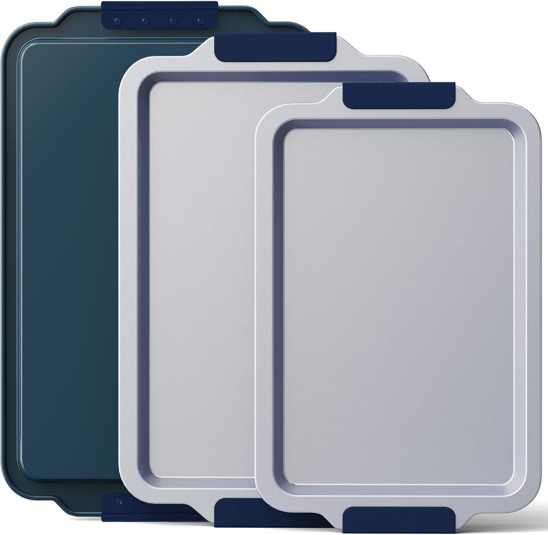 Non Stick Ceramic Baking Sheet Pan Set of 3, Natural Non Toxic Cookie Sheets for Baking - PFOA, PTFE Free, Heavy Duty Aluminized Steel Oven Trays for Cooking with Silicone Handles, Navy