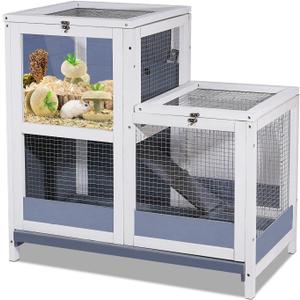 2-Story Guinea Pig Cages Wooden Indoor Rabbit Hutch Hamster Cage with Openable Roofs, Removable Tray and Wide Ramp, Small Animal Habitats for Hamsters, Guinea Pig, Ferrets, Hedgehog