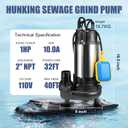 Sewage Grinder Pump, 1HP Submersible Sump Pump, 110V 6400GPH | Stainless Steel Effluent Pumps with Automatic Float Switch, 2'' NPT Discharge for Basement, Sump Basin, Sewage Well
