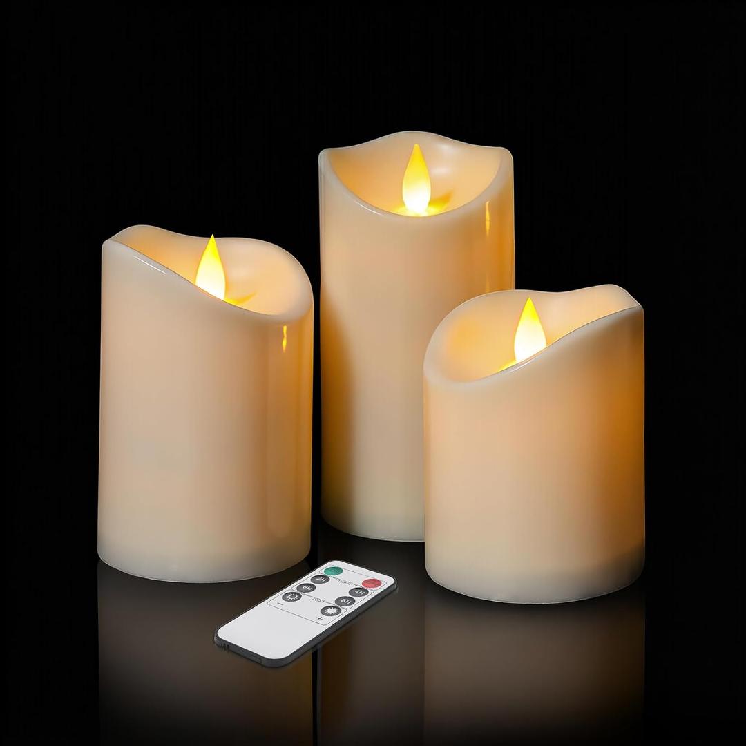 Flameless Candles 4" 5" 6" Set of 3 Outdoor Indoor Ivory Pillars Battery Operated Flickering Candles with Cozy Climbing Flame Effect, 8-Key Remote Timer, Plastic LED Candles for Wedding Decor