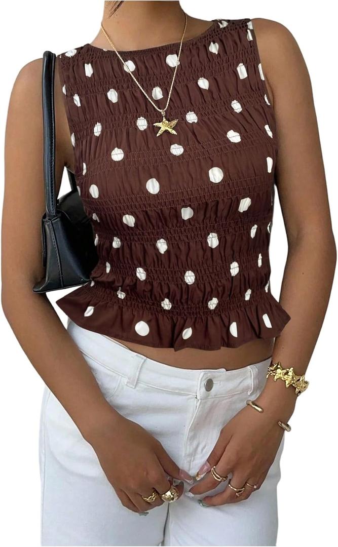 BEAUDRM Women's Polka Dots Tank Top Y2k Ruched Crewneck Sleeveless Ruffle Fitted Cropped Shirt (Brown), Small