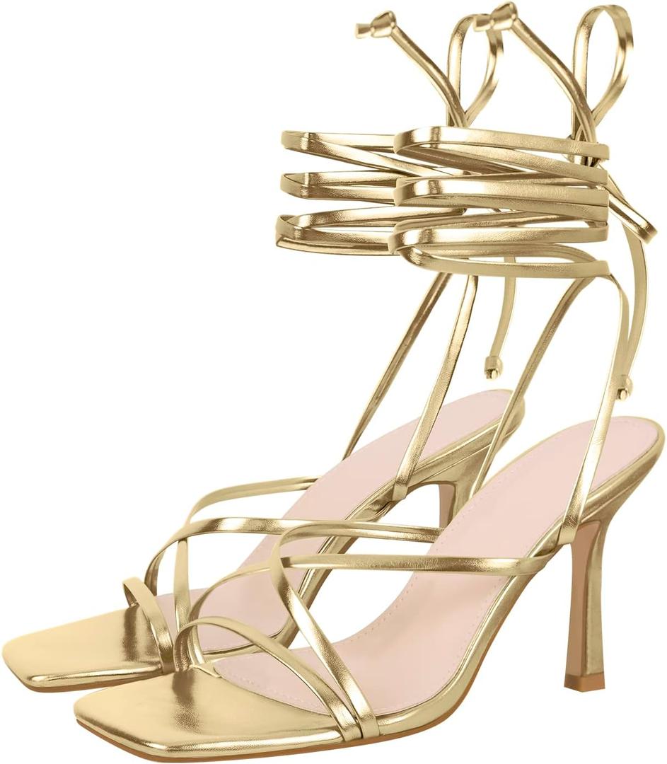 LISHAN Women's Stiletto High Heels Strappy Lace Up Sandals (8, Gold)