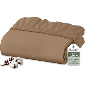 Royale Linens 100% Organic Cotton Fitted Sheet - Percale Weave - Super Soft Deep Pocket Bottom Sheets - Elastic Sheet Twin XL Size - Twin XL Fitted Sheets Only - (39"x80"+15", Chocolate)