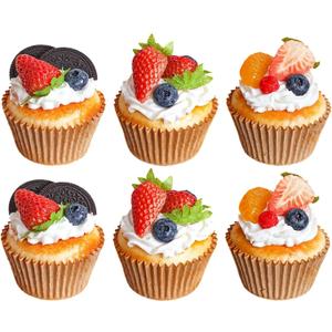 Artificial Cupcake Display Model, Realistic PU Faux Cupcakes, Includes 6 Pieces with Fruit and Cream Decoration, Brown Wrinkled Cupcake Liners, Ideal for Photography, Art, and Home Decoration