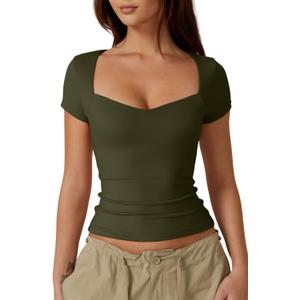 QINSEN Womens Sweetheart Neck Short Sleeve T Shirts Slim Fit Basic Tee Trendy Crop Top (Large, Army Green)