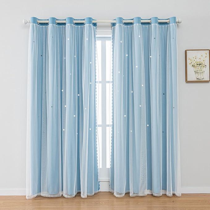 FANLI 2 Panels Star Blackout Curtains for Kid Girls Bedroom Living Room Darking Stripe Double Layer Star Cut Out Wall Home Decor Gradient Grommet Window Curtains (Blue 63L)