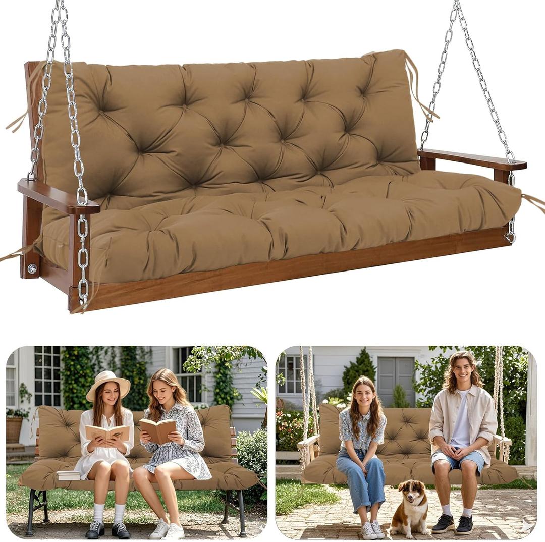 Premium 5" Thick Waterproof Outdoor Swing Cushions Sturdy Durable 2-3 Seat Replacement Porch Swing Cushions with Backrest&Ties Bench Cushion for Outdoor Furniture Backyard Patio (60 x 40 x 5 inches, Coffee)