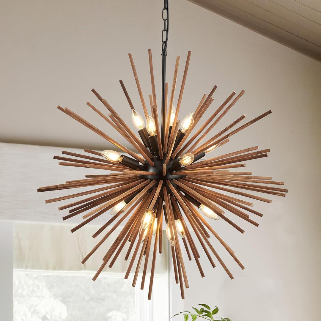 31.3" Farmhouse Sputnik Chandelier for Dining Room Rustic Handmade Natural Wood 16-Light Hanging Ceiling Pendant Light Fixture Starburst Wood Chandeliers for Kitchen Bedroom Foyer Hallway