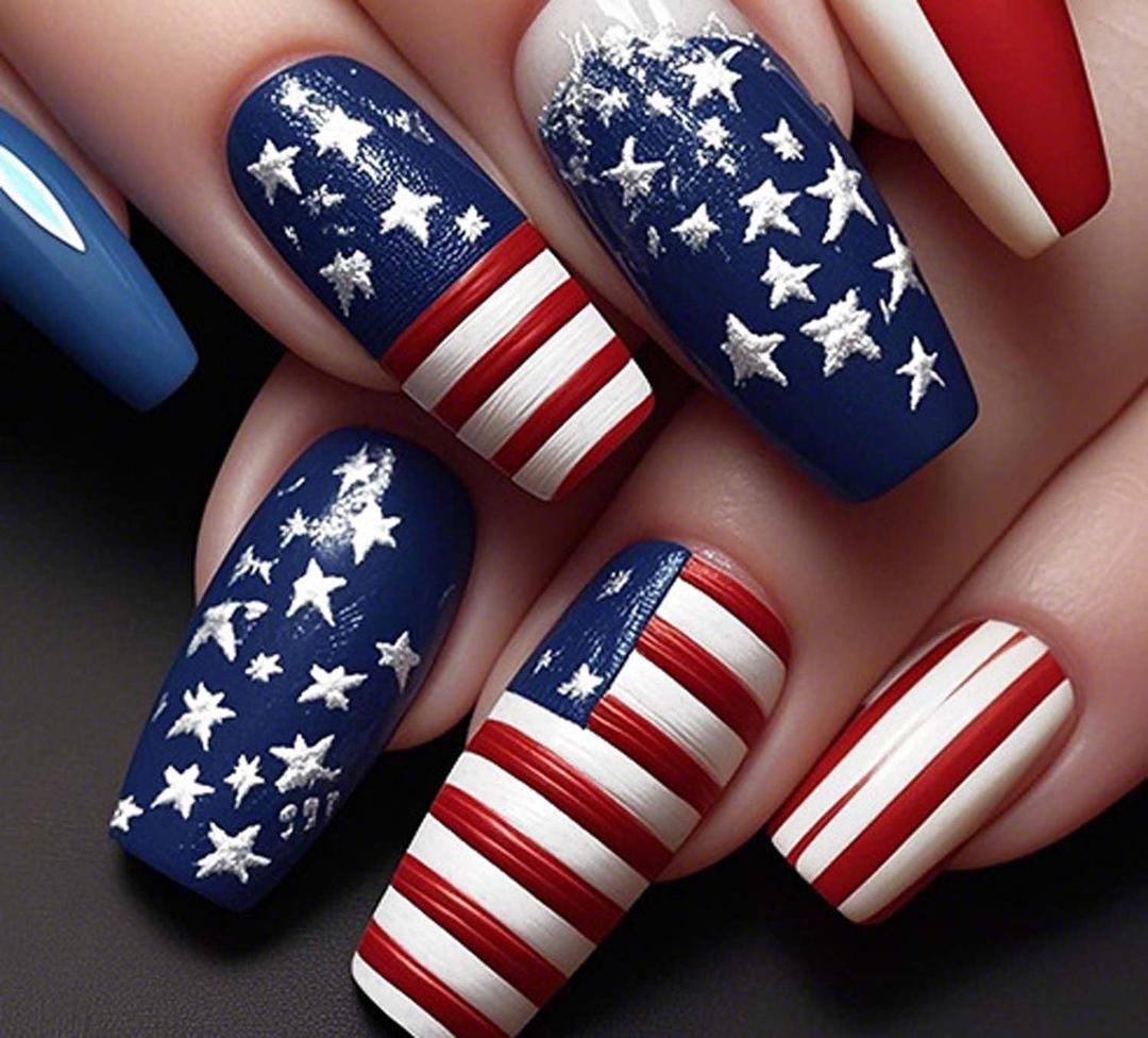 2 x Long Press on Nails Independence Day Fake Nail Red Blue Stripe Star Design False Nails Glossy National Flag Glue on Nails Summer Coffin Shape Acrylic Nails Artificial Stick on Nail for Women