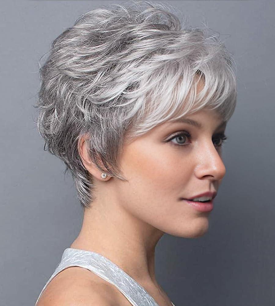 SEVENCOLORS Short Grey Wigs for White Women Pixie Cut Gray Wigs with Bangs Natural Curly Synthetic Hair Short Mixed White Wig for Older Women, Gray 