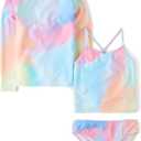 The Children's Place Girls' Standard Rashguard and Swimsuit Set (Medium, Rainbow Blue 3-piece)