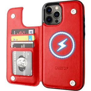 ONETOP Compatible with Magsafe for iPhone 12 Pro Max Wallet Case with Card Holder, PU Leather Kickstand RFID Blocking Case, Double Magnetic Clasp and Durable Shockproof Cover 6.7 Inch (Red)