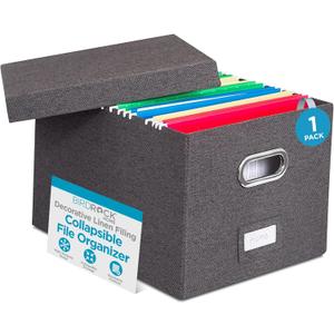 Internet's Best Collapsible File Storage Organizer | Decorative Linen Filing & Storage Office Box | Letter/Legal | Grey