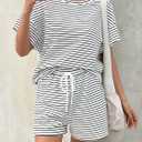 Tankaneo Womens Pajama Sets Striped 2 Piece Lounge Sets Short Sleeve Oversized T Shirts Drawstring Shorts Matching Set (XL)