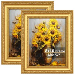 8x10 Gold Picture Frame Set of 2, Ornate Vintage 8 x 10 Photo Frame for Wall Decor or Tabletop Display, 8x10 Gold Frames with Real Glass, Display 5x7 Pictures with Mat or 8x 10 without Mat for Antique Déco