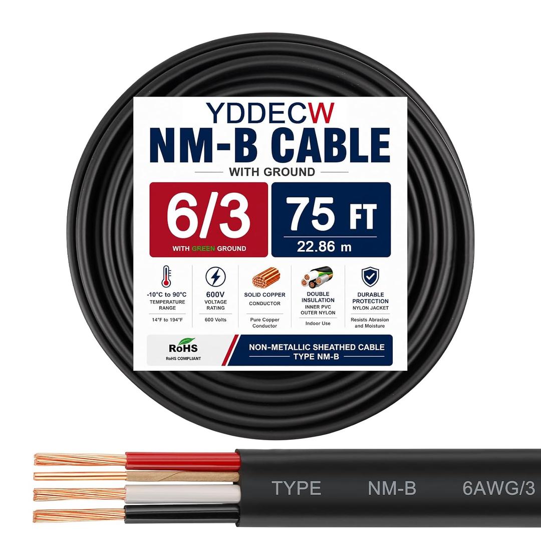 6/3 NM-B Wire with Ground - 75FT 6 Gauge Non-Metallic Sheathed Cable Pure Copper 6 AWG 3 Conductor Residential Indoor Wire for Outlets, Switches and Other Loads etc.