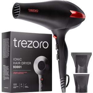 TREZORO Professional Hair Dryer, Ionic Ceramic Tourmaline Technology, 2000W Fast Quiet Drying, with Narrow & Wide Concentrator Nozzles, 3 Heat & 2 Speed Settings, Cool Shot Button, Black