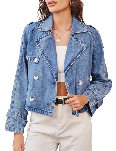 Nitzana Denim Jacket for Women Cropped Trench Coat Double Breasted Lightweight Jean Jackets Casual Outerwear 2025 Trendy, M