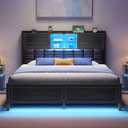 Rolanstar Bed Frame Full Size with Charging Station, Bookcase Headboard Bed with LED Light and Sliding Doors, Platform Bed with Wooden Slats, No Box Spring Needed, Noise Free, Black