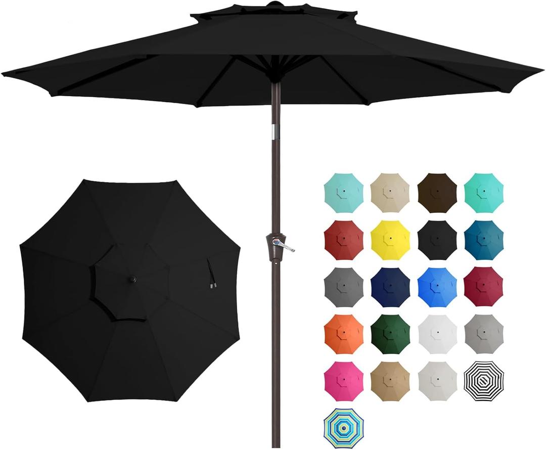 JEAREY 9' 2-Tiers Patio Umbrellas Outdoor Table Market Umbrella w/Push Button Tilt/Crank, 8 Sturdy Ribs, UV Protection Waterproof Sunproof(Black) (9FT)